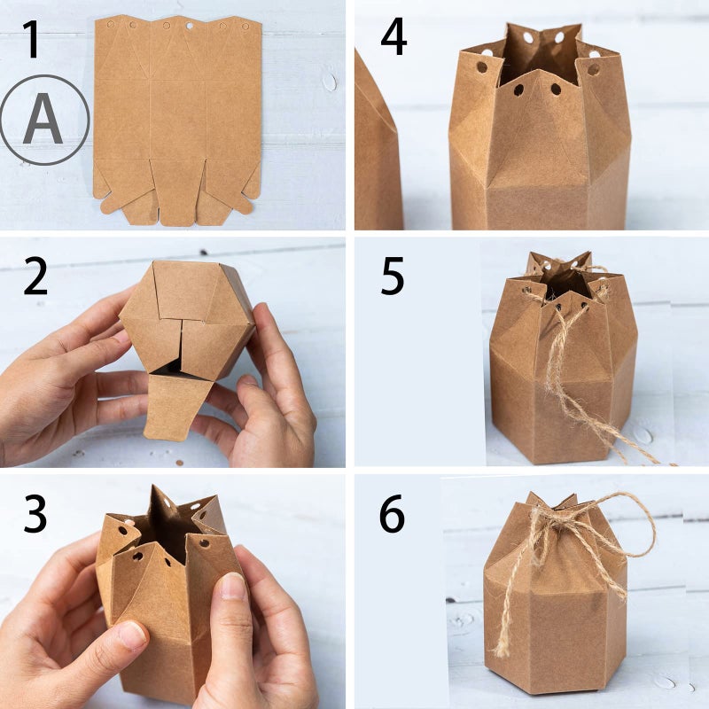 Lamantery Samanter 50Pack Paper Gift Boxes Lantern Hexagon Kraft Paper Package Box with Twine Candy Chocolate Gift Packing Wrap for Wedding Party Christmas Brown - Image 3
